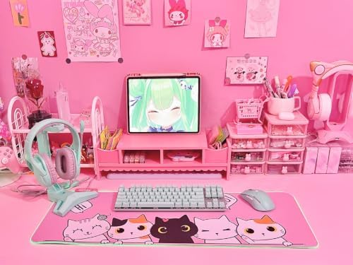 JMIYAV Pink Kawaii Cat RGB Gaming Mouse Pad 31.5x12 Inch PC XL Large Extended Glowing Led Light Up Cool Mouse pad Desk Pad Non-Slip Rubber Computer Mouse Mat Cute Mousepad 31.5x12 Inch - Image 6