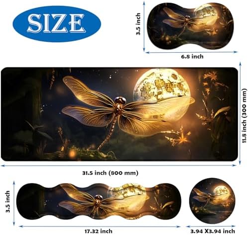 4 in 1 Mouse Pad Combo, Large Gaming Mouse Pad + Keyboard Wrist Support + Mouse Wrist Rest + Coaster, Table Pad 31.5 "x 11.8" with Memory Foam Ergonomic Wrist Pad Set, Dragonfly Under The Moon - Image 6