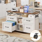 Halitaa Farmhouse Filing Cabinet with Adjustable Shelf & Wheels, Off White - Image 5