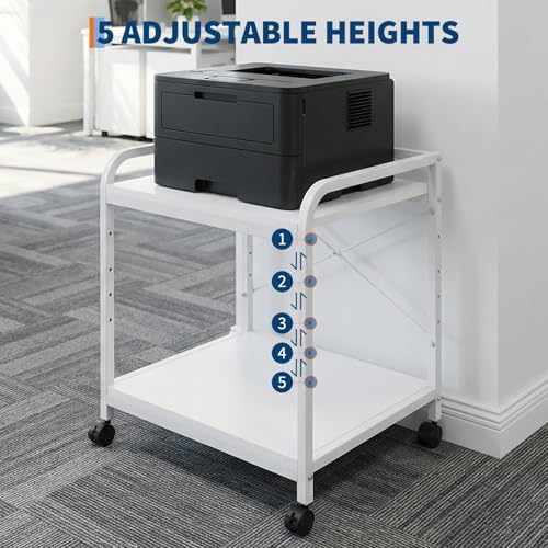 GarveeHome Under Desk Printer Stand, 20" Deep Large Printer Table with Height Adjustable Storage Shelf, 2 Tier Rolling Printer Cart with Wheels for Home Office, White - Image 5