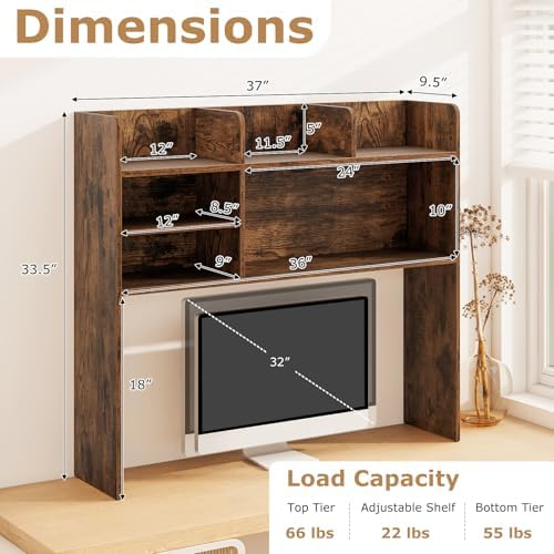 BECOMFORT Desk Hutch, Desk Organizer Shelf w/ 6 Storage Compartments, up to 32” Monitor, Wooden Display Rack, Desktop Bookshelf for Vanity Dressing Tabletop College Dorm Home & Office - Image 3