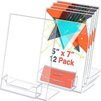 Remerry 12 Pcs Acrylic Sign Holder with Business Card Holder Slanted Paper Stand Clear Brochure Display Stand Heavy Duty Plastic Signs for Office Table Advertisement Flyer (5 x 7 Inch) by Remerry