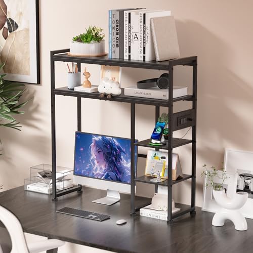 Aetheris Desktop Organizer Shelf, 30" Wooden Office Storage Rack with Outlets, Display Shelf Rack with Light Strip, 5 Tier Desktop Display Rac, Desk Shelf, Desk Hutch for Computer Monitor (Black) - Image 4