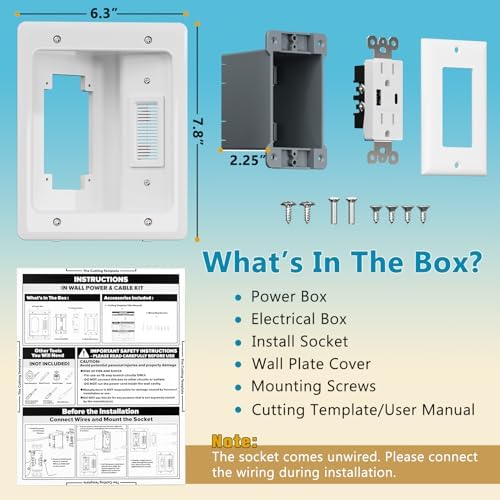 in-Wall Cable Management Kit, Dual Outlet Cable Hider with TypeC/USB Power Port (Unwired), Cutting Template, Perfect for Wall Mounted TVs - Image 2