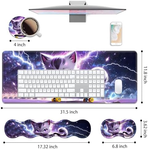 4 in 1 Ergonomic Keyboard Wrist Rest & Mouse Pad Wrist Rest Set, Large XXL Gaming Desk Mat 31.5"x 11.8" with Non-Slip Base, Memory Foam for Home Office Study Gaming, Cute Cat Playing Scooter - Image 2
