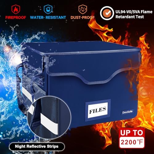 DocSafe Fireproof Document Box with Lock, File Storage Organizer with Mesh Pockets, Collapsible Portable File Box Home Office Safe Filing Cabinet with Handle for Hanging Letter/Legal Folder, Blue - Image 3