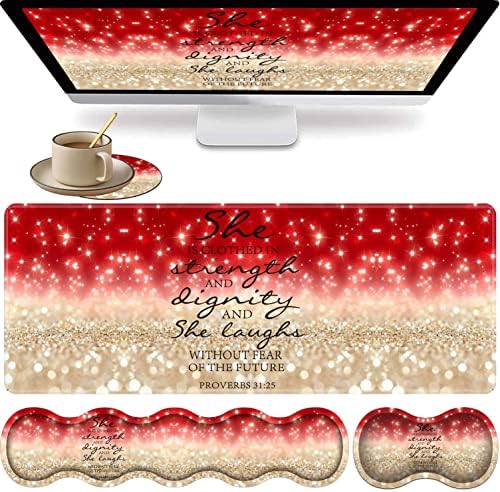 Large Gaming Mouse Pad, Keyboard Wrist Rest + Mouse Wrist Pad + Coaster Combination Set, Memory Sponge Non-Slip Base. Suitable for Office and Home, Red Glitter Quote Proverbs 31-25 by FOKBVNFLL