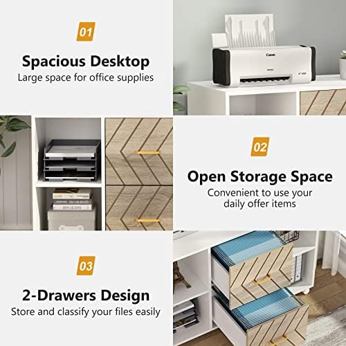 Tribesigns 2 Drawer File Cabinet, Large Mobile Lateral Filing Cabinet for Letter Size, Printer Stand with Storage Shelves and Rolling Wheels for Home Office (White) - Image 6