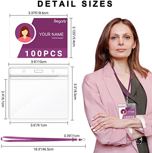 Segarty Lanyards with ID Holder, 100 Pack Horizontal Badge Clear Plastic Name Tags Neck Key Card Bulk, Purple Strap Clips Waterproof Ziplock Nametag Protector for Women, Business, Student, School - Image 2