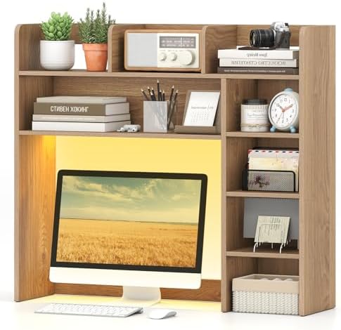 Tangkula Desktop Bookshelf with LED Lights, Desk Hutch with 8 Shelves for Max 25" Monitor, Desktop 5-Tier Display Rack, Multipurpose Wood Desktop Storage Hutch Organizer for Dorm Office Home (Natural) by TANGKULA
