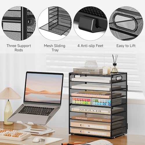 SUBEKYU 9 Tier Paper Organizer for Desk - Black Metal Mesh Letter Tray File Paper Sorter Organizer Include 6 Pcs Adjustable Height Slid Tray with Handles for Office School Home Organization Storage - Image 6