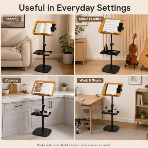 Floor Book Stand for Reading, Height Adjustable 19-51 Inch Wood Panel Holder with Page Clips and Phone Holder for Sheet Music, Cookbook, Tablet, Portable Standing Home Use - Image 3