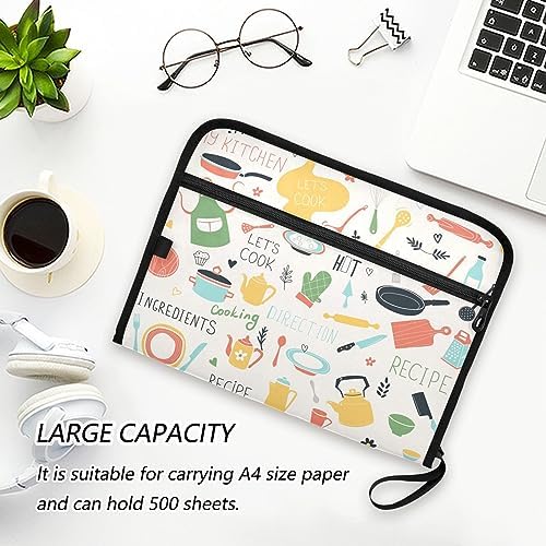 13 Pockets Expanding File Folder with Zipper Closure, Kitchen Icon Sets Recipe Accordion File Folder with Sticky Labels, Letter Size A4 Papers Expandable File Document Organizer - Image 6