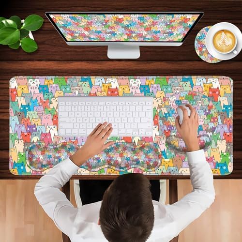 Mouse Pad,Large Pink Desk Mat, 4in1 XXL Mousepad + Keyboard Wrist Rest+Mouse Wrist Rest+Coaster Set with Ergonomic Desk Pad for Home Office Table Computer-Colorful Cats - Image 4