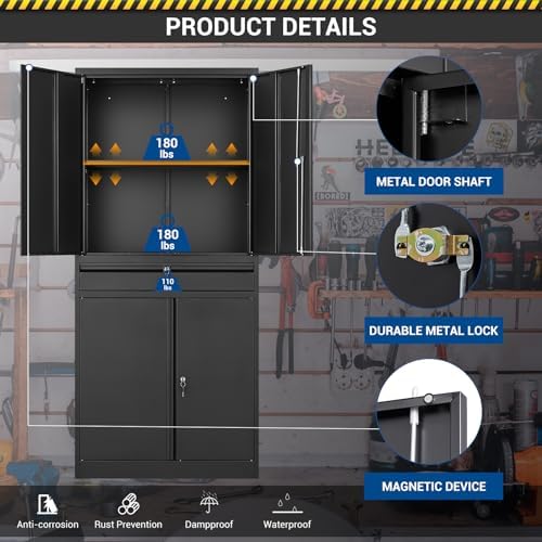 Fesbos 71" Metal Cabinet-Black Heavy Duty Storage File Cabinet Steel Tool Cabinets with Shelves, Lockable Doors and Drawers- for Garage, Pantry, Warehouse - Assembly Required - Image 6