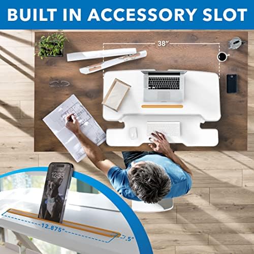 Mount-It! Standing Desk Converter White 38” Wide Height Adjustable Stand Up Desk Riser, Desk Topper with Gas Spring, Desktop Standing Desk with Keyboard Tray Fits Two Monitors - Image 4