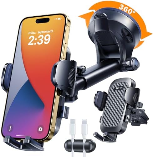 2026 Ultimate Best【True Military-Grade & Safety Cert】Car Phone Holder HTU【Upgraded 360° Rotation & 100LBS Strongest Suction】5-in-1 Truck Windshield Dashboard Vent Mount Stand for iPhone Android, Black by HTU15yearsincarmounts