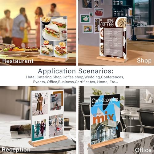 Kersally Acrylic Sign Holder 8.5 x 11, 6 Pack Double-Sided Clear Table Display Stands with Wood Base,Vertical Acrylic Frame Menu Flyer Paper Holder for Stores, Restaurants, Hotels, Office, Show Fair - Image 4