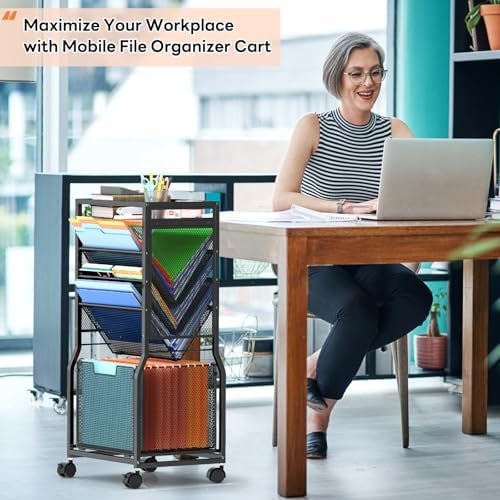 DAOUTIME 8 Tier Rolling File Cart with Hanging File Folder Organizer, Mobile File Organizer with 2 Sides Access Bookcase, Beside/Under Desk Cart with Wheels for Office Home School - Image 4