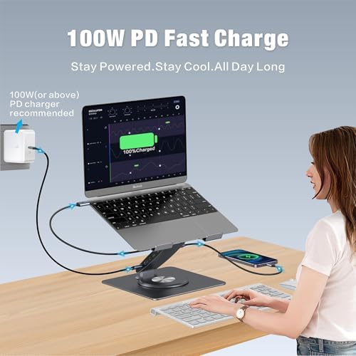 Adjustable Laptop Stand for Desk with Docking Station 9-in-1, Aluminum Laptop Riser with USB Hub, 360° Swivel, Dual Display 4K60Hz HDMI, 3 USB3.0, 100W PD Charging, for MacBook Pro Air/Dell/HP 7-15.6" - Image 6