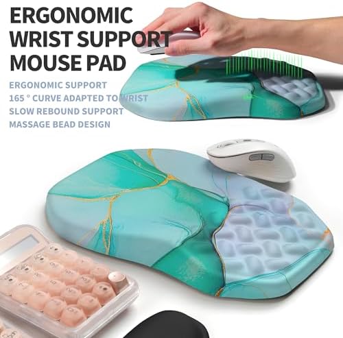 2-in-1 Ergonomic Set, Wave Keyboard Wrist Rest and Massage Slope Mouse Pad Wrist Support, Rebound Memory Foam for Relieve Carpal Tunnel Syndrome and Wrist Pain (Green Gold Marble) - Image 3