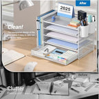 OPNICE Desk Organizer, 5-Tier Desktop File Organizer with Drawer and Pen Holders, Office Desk Accessories, File Sorters, Workspace Organizers for Office Supplies(White) - Image 5