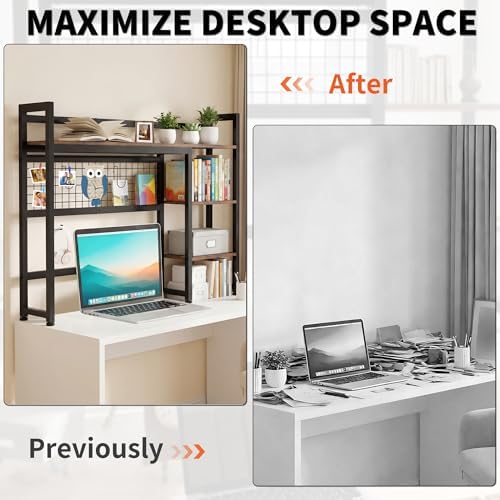 IBVIVIC Desktop Shelf, 32.3'' Desktop Organizer Shelf for Computer Monitor, 4 Tier Hutch Storage Rack for Home Office Dorm, Rustic Brown - Image 4