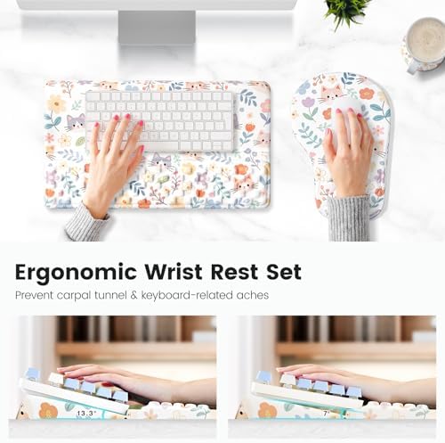 Ospelelf Keyboard Wrist Rest and Mouse Pad Set, Ergonomic Memory Foam Wrist Support, Aesthetic Desk Accessories for Office, Home & Gaming, Relief for Carpal Tunnel & Wrist Pain,Floral Cat - Image 4