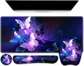 Large Mouse Pad with Wrist Support 4in1 Set, XXL Game Mousepad + Keyboard Wrist Rest+Mouse Wrist Rest+Coaster with Ergonomic Design Gaming Mat for Home Office Table Computer I Purple Butterfly by NXZGO