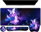 Large Mouse Pad with Wrist Support 4in1 Set, XXL Game Mousepad + Keyboard Wrist Rest+Mouse Wrist Rest+Coaster with Ergonomic Design Gaming Mat for Home Office Table Computer I Purple Butterfly by NXZGO