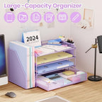 OPNICE Desk Organizer, 4-Tier Desktop File Organizer with Drawer and Pen Holders, Office Desk Accessories, File Sorters, Workspace Organizers for Office Supplies(Purple) - Image 3