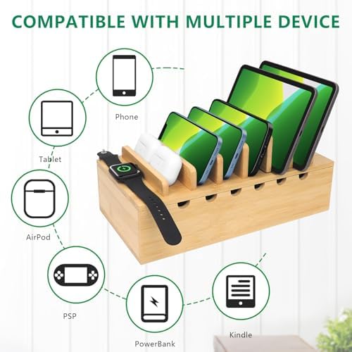 Bamboo Charging Station Organizer, Multi-Device Charging Dock with Cable Management, Phone Tablet Stand for Home Office, 5-Port USB Charger & 6 Cables Included - Image 5