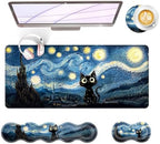 Large Keyboard Mouse Pad Set, Extended Mouse Pad+Keyboard Wrist Rest Support, Memory Foam Ergonomic Easy Typing, 4Pcs (31.5×11.8 in) Desk Pad Set for Office Home,Starry Night Cat by Unknown