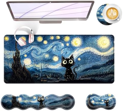 Large Keyboard Mouse Pad Set, Extended Mouse Pad+Keyboard Wrist Rest Support, Memory Foam Ergonomic Easy Typing, 4Pcs (31.5×11.8 in) Desk Pad Set for Office Home,Starry Night Cat by Unknown