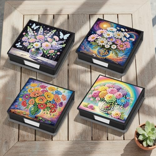 POETRYDRAW 4 Pcs Diamond Art Painting Kit Note Box, Diamond Art Notecard Box Sticky Note Holder for Adults Memo Pad Holder, Contains 160 Sheets of Paper (Vase) - Image 3