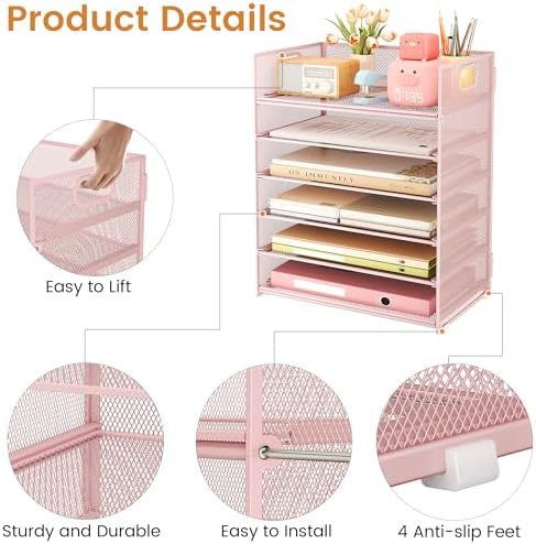 Subekyu 6-Tier Desk Paper Organizer, Desktop File Letter Tray with Handle, Document Sorter and Accessories Holder for Office, Home and School Workspace Organizers, Pink-2 Pack - Image 6