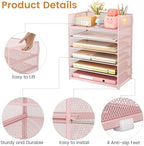 Subekyu 6 Tier Office File Paper Desk Tray Organizer with Handle, Stackable Slide Mesh Letter Tray Folder Pink Desk Organizer, Desktop Document Sorter for Classroom, Office, Home Supplies Storage - Image 5