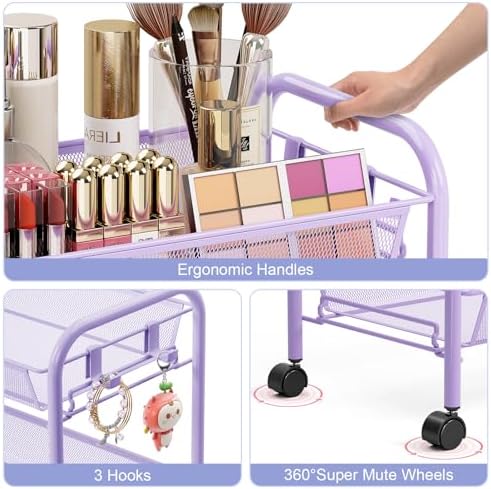 TOOLF 4 Tier Rolling Cart, Metal Utility Storage Cart with Wheels, Purple - Image 4