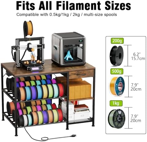 3D Printer Table with Filament Storage, 3-Tier 3D Printer Stand with Power Outlet & Drawer, Heavy Duty 3D Printer Rack for Workshop Studio Office (Brown) - Image 3
