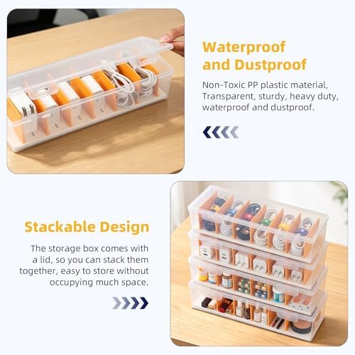 VZZNN 5 Pack Clear Cable Organizer Box with Lid, Plastic Cord Storage Case for Chargers, Power Cords, Electronics Accessories – Transparent Desk Organizer, Stackable, Adjustable Dividers - Image 3