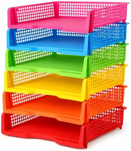 6 Pcs Colorful Turn in Trays Classroom, Stackable Paper Bins for Classroom, 13x9x2.8 inch Plastic Baskets Desktop Organization System Office (Colorful) by Unknown