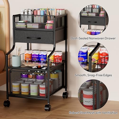 SWTYMIKI Under Desk Storage Cart- Art Storage Cart with Drawers & DIY Divider - Office Cart Organizer Under Desk Shelf, Craft Rolling Cart for Office, Craft Room & Studio Black - Image 6