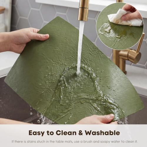 Artoid Mode Olive Green Faux Leather Placemats Set of 12, 12x18 Inch Waterproof Wipeable Heat Resistant Vinyl Place Mats, Reversible Table Mats for Kitchen Dining Decor - Image 5