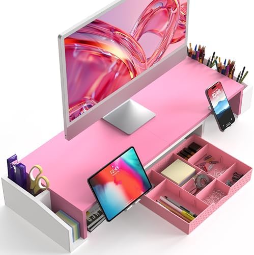 Simple Houseware Desk Dual Monitor Stand Riser with Drawer, Pink - Image 2