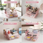 Marbrasse 3 Tier Mesh Desk Organizer with Drawer, Multi-Functional Desk Organizers and Accessories, Paper Letter Organizer with 2 Pen Holder for Home Office Supplies (Pink) - Image 4