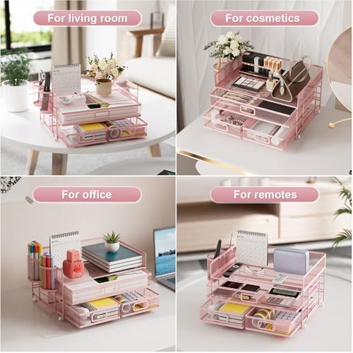 Marbrasse 3 Tier Mesh Desk Organizer with Drawer, Multi-Functional Desk Organizers and Accessories, Paper Letter Organizer with 2 Pen Holder for Home Office Supplies (Pink) - Image 4
