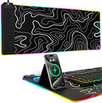Mouse Pad with Phone Holder, Wireless Charging Desk Mat, RGB Gaming Mousepad Home Office Large Desk Pad with Ultra-Smooth Surface, Non-Slip Base, Waterproof Keyboard Pad,Topographic Black by miroddi