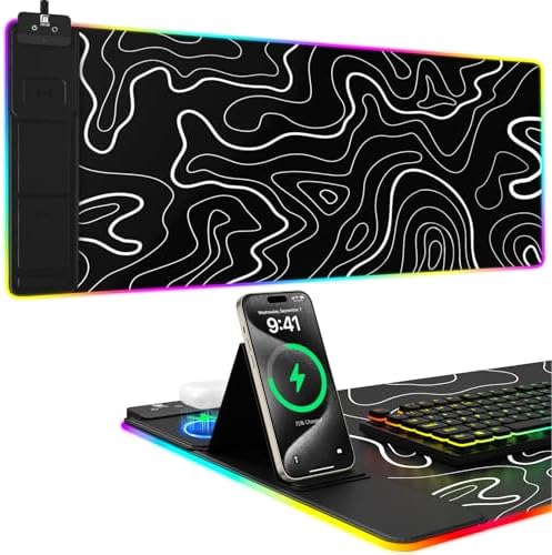 Mouse Pad with Phone Holder, Wireless Charging Desk Mat, RGB Gaming Mousepad Home Office Large Desk Pad with Ultra-Smooth Surface, Non-Slip Base, Waterproof Keyboard Pad,Topographic Black by miroddi