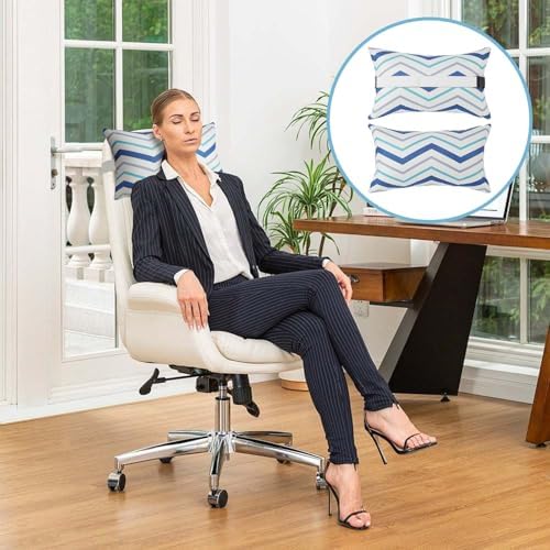 Outdoor Pillow for Chaise Lounge Chair, 2pcs Chaise Lounge Pillows Lumbar Pillows with Insert and Adjustable Elastic Strap for Patio Beach Office Chair, Blue White Stripe - Image 7