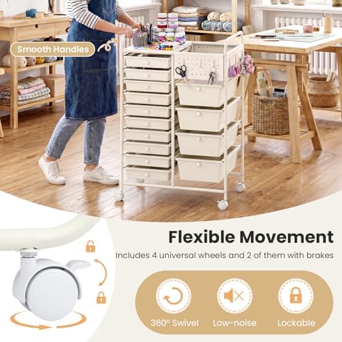 Giantex 14 Drawer Storage Cart, Rolling Craft Cart with Metal Tabletop & Pegboard, Mobile Utility Organizer Trolley with Locking Wheels, Home Office, Ivory - Image 7